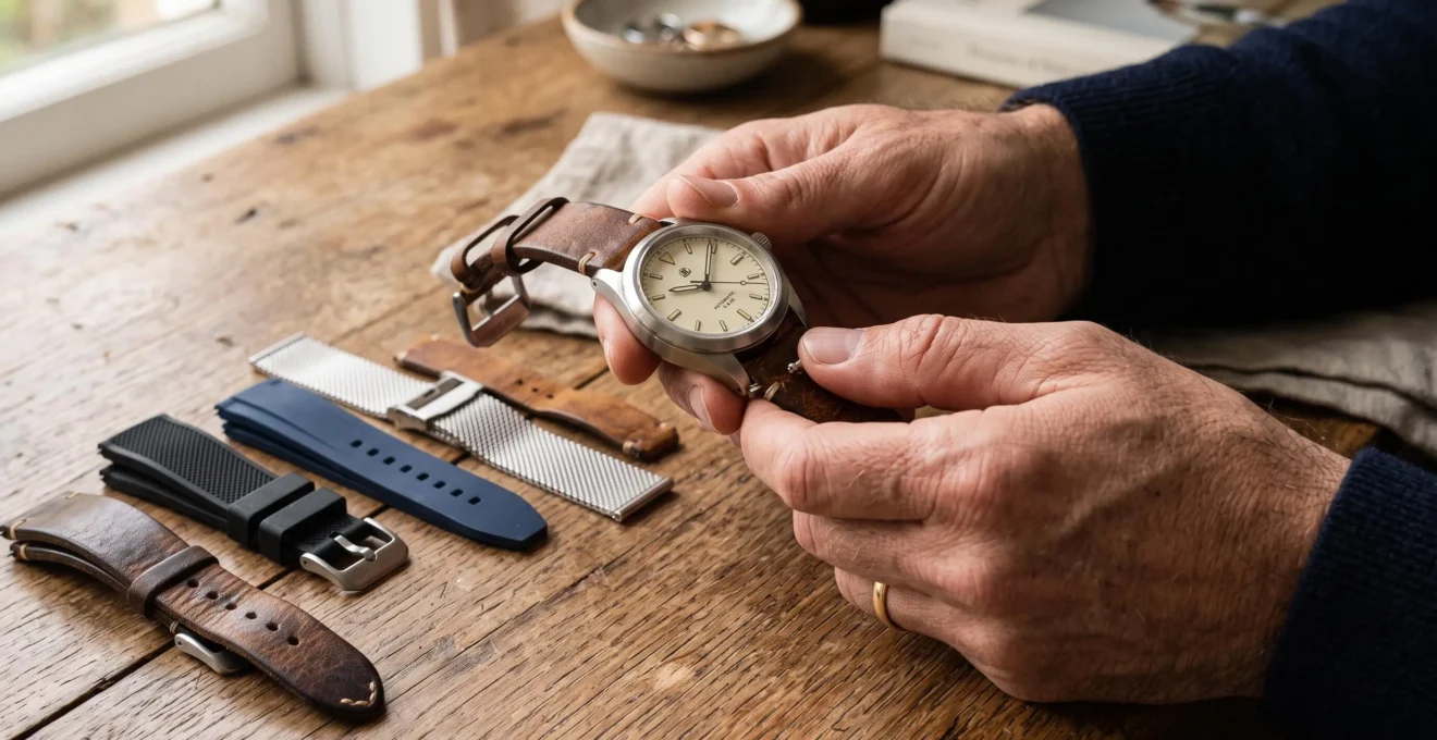Un homme détache le bracelet en cuir d'une montre à l'aide du système à dégagement rapide.