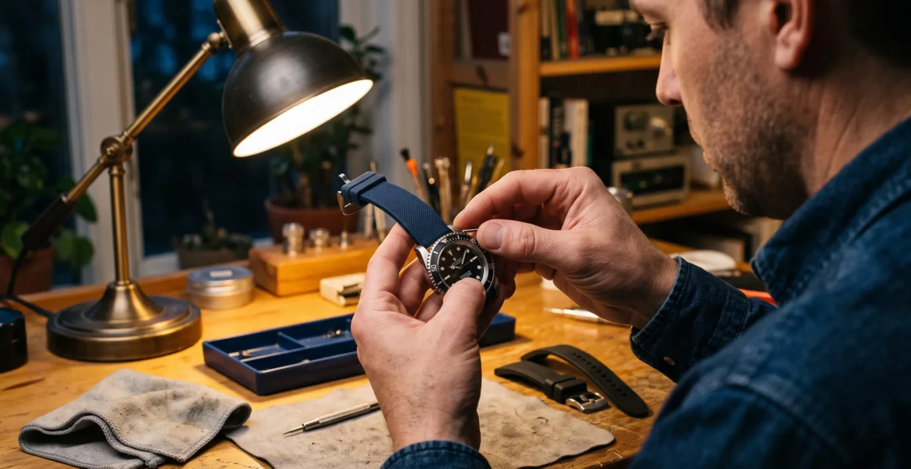 Un homme vérifie les barrettes et les points d'attache d'un bracelet de montre sous une lampe.